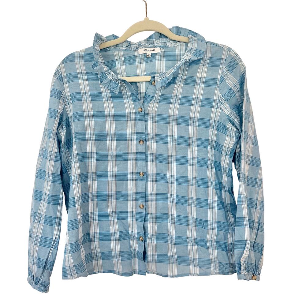 Madewell XS crisp cotton blouse top women ruffle classic style long sleeve plaid